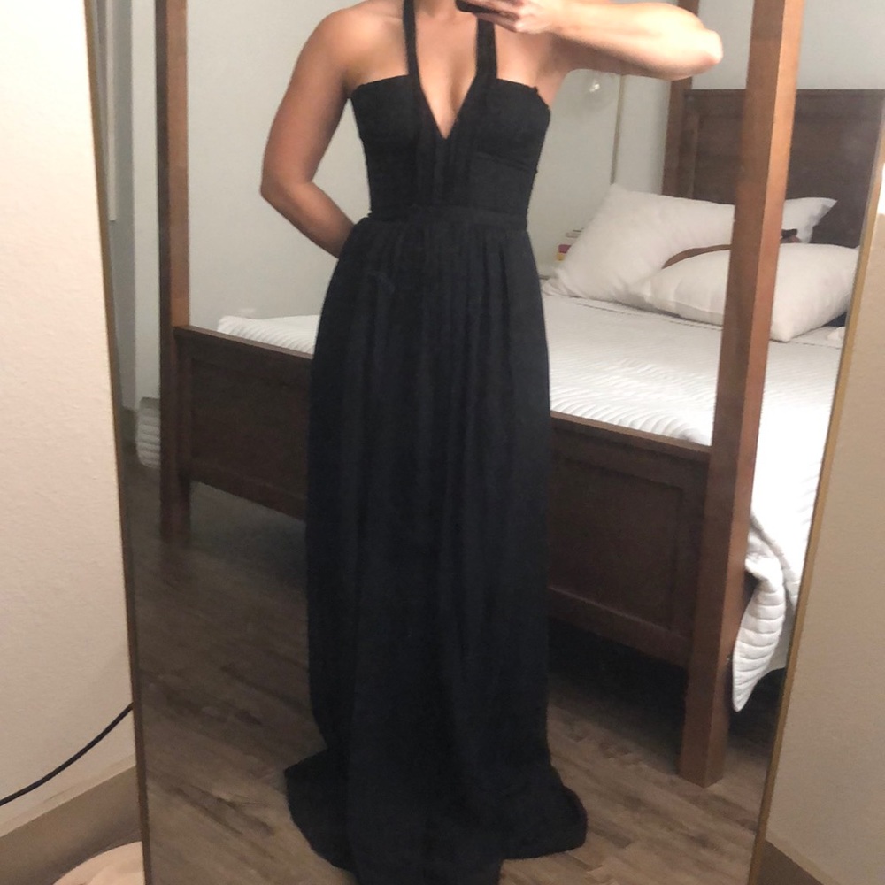 BCBG black wedding guest dress